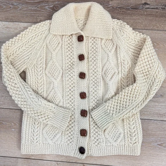 VTG Irish Aran Thick Chunky Cardigan Sweater Fisherman Cable-Knit Wool Handmade - Picture 8 of 10